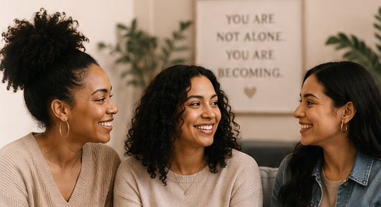 Three women laughing and talking together on a couch